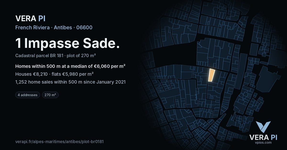 1 Impasse Sade, Antibes at night – the plot lit, the parcels around coloured by the prices near them