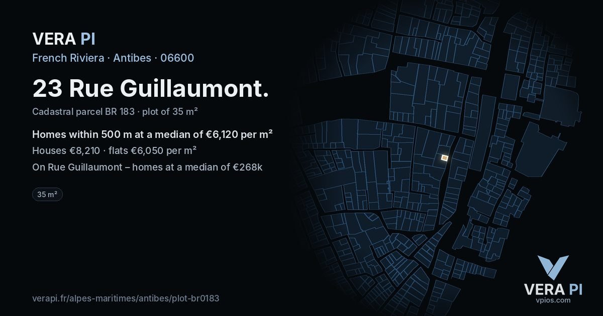 23 Rue Guillaumont, Antibes at night – the plot lit, the parcels around coloured by the prices near them