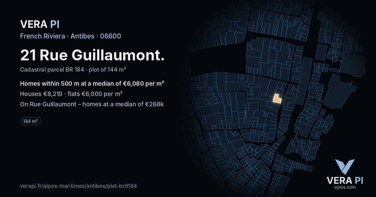 21 Rue Guillaumont, Antibes at night – the plot lit, the parcels around coloured by the prices near them