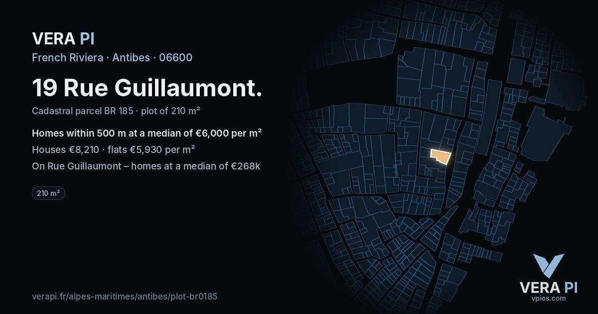 19 Rue Guillaumont, Antibes at night – the plot lit, the parcels around coloured by the prices near them
