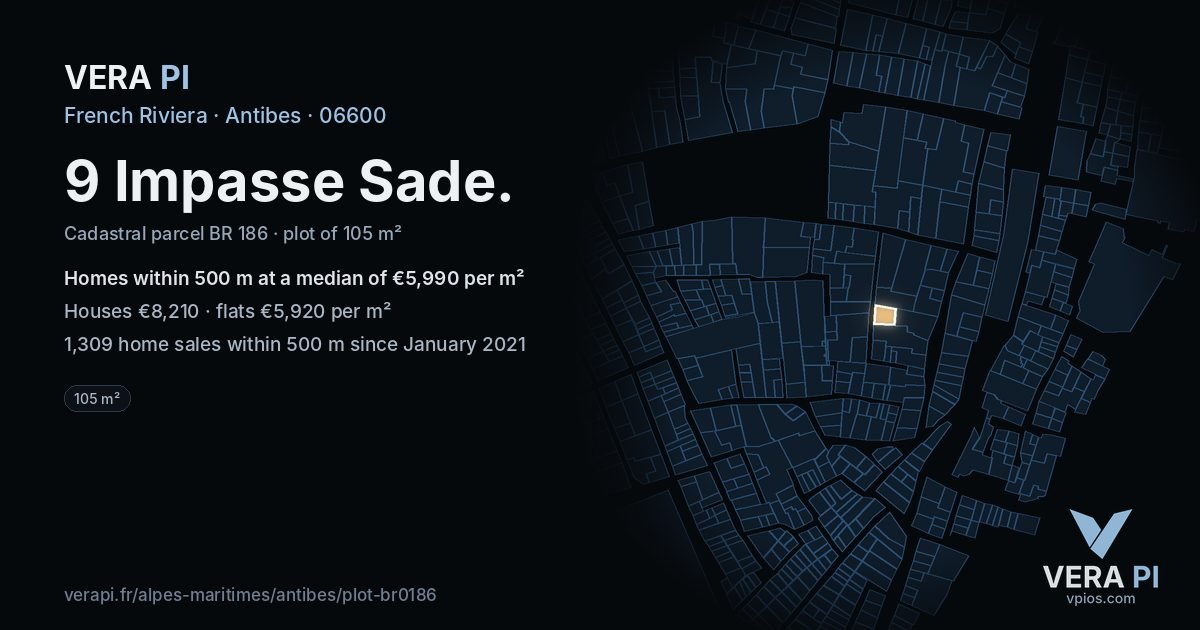 9 Impasse Sade, Antibes at night – the plot lit, the parcels around coloured by the prices near them