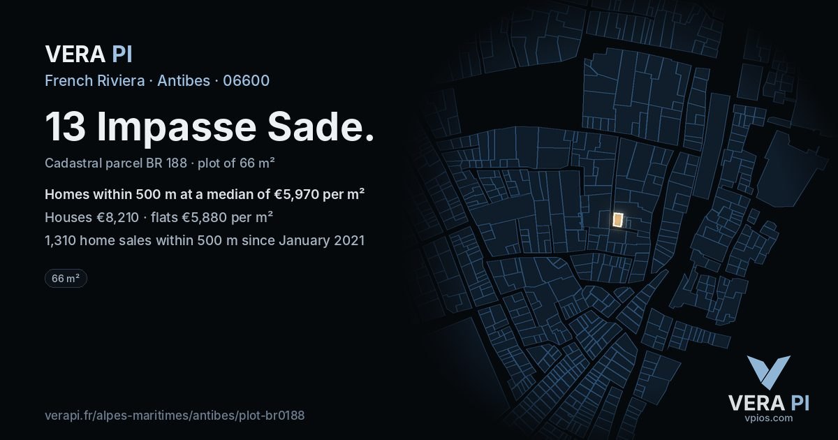 13 Impasse Sade, Antibes at night – the plot lit, the parcels around coloured by the prices near them
