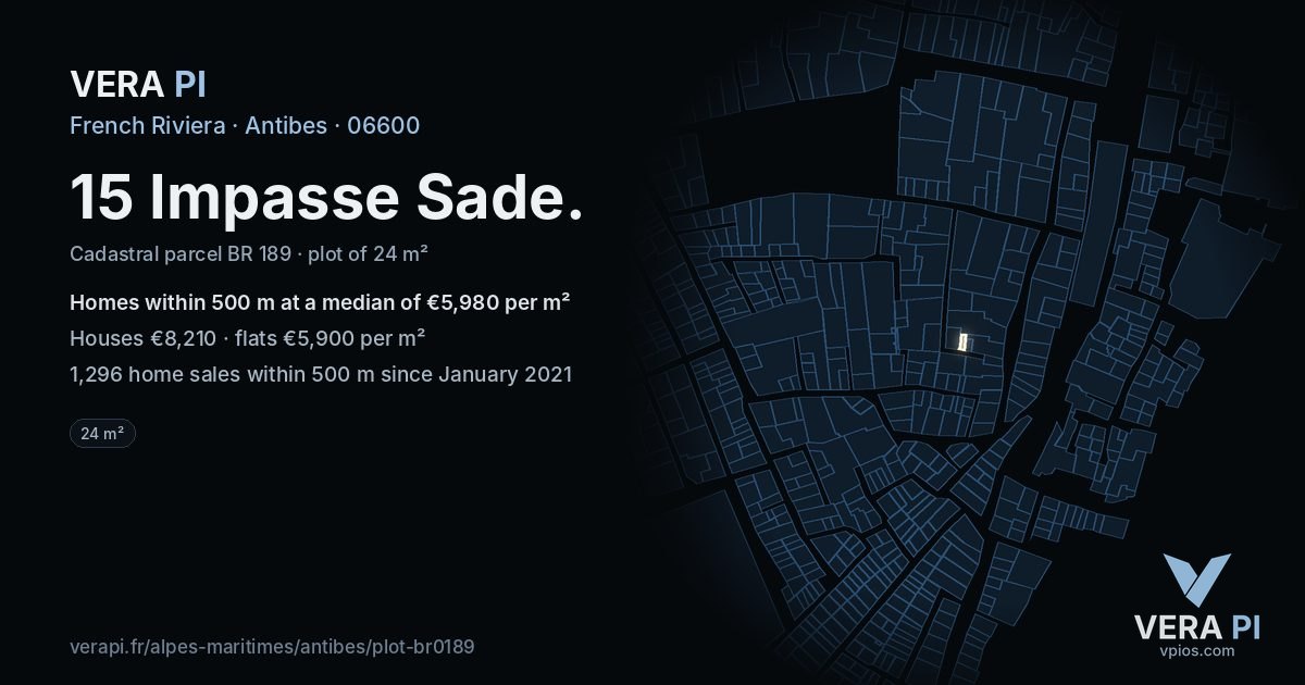 15 Impasse Sade, Antibes at night – the plot lit, the parcels around coloured by the prices near them