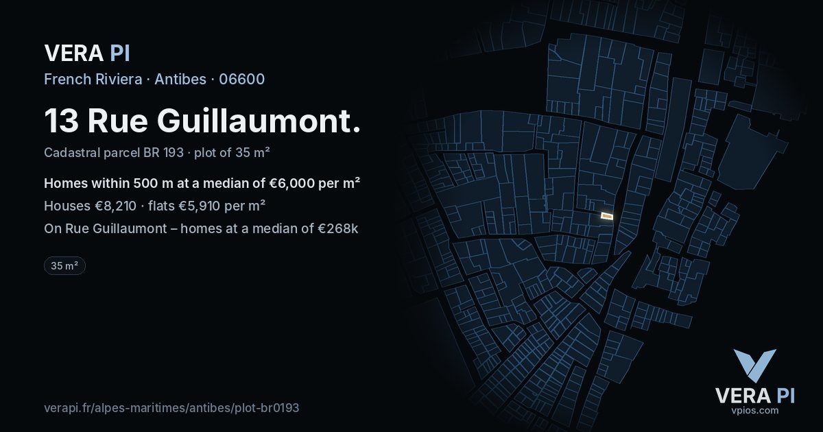 13 Rue Guillaumont, Antibes at night – the plot lit, the parcels around coloured by the prices near them