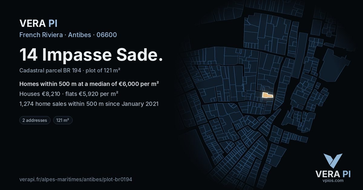 14 Impasse Sade, Antibes at night – the plot lit, the parcels around coloured by the prices near them
