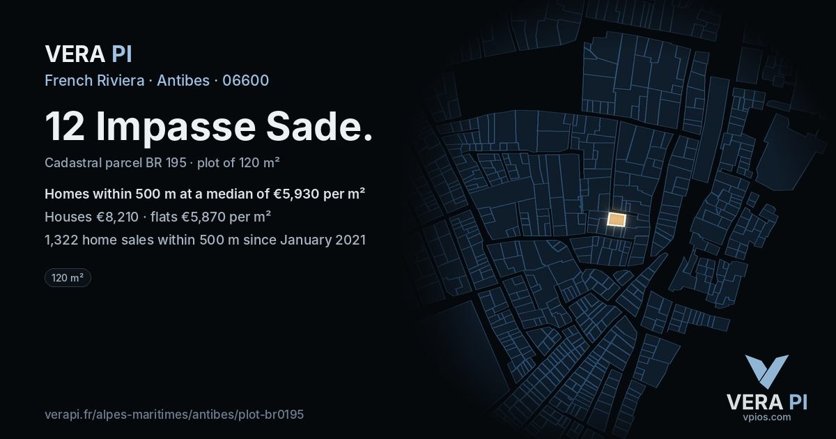 12 Impasse Sade, Antibes at night – the plot lit, the parcels around coloured by the prices near them