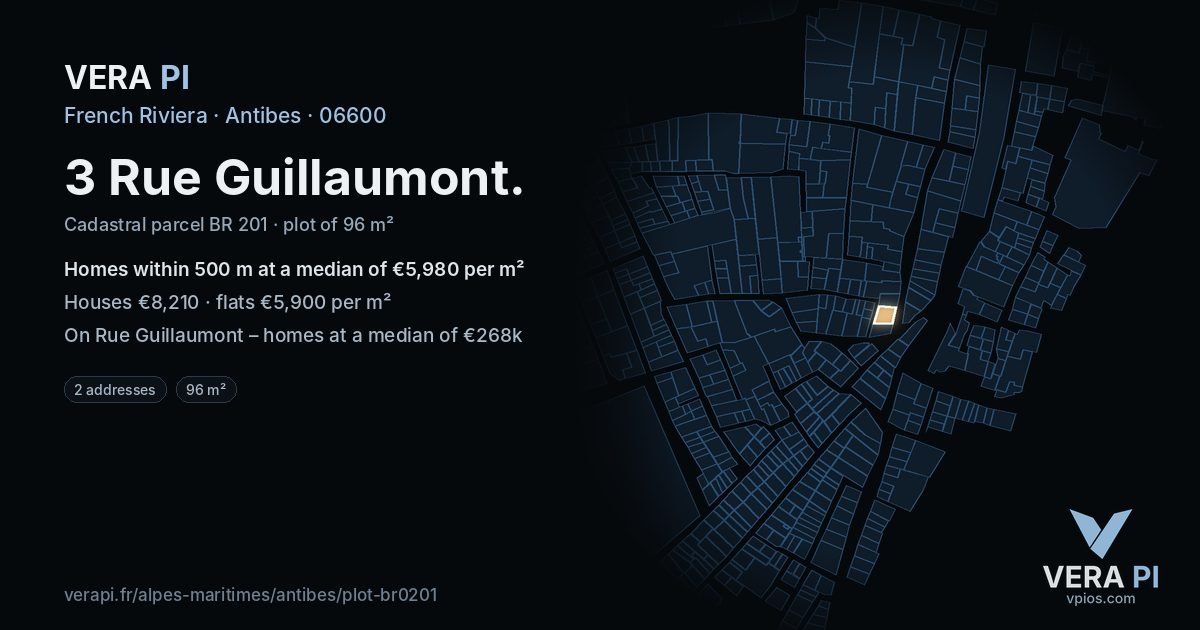 3 Rue Guillaumont, Antibes at night – the plot lit, the parcels around coloured by the prices near them