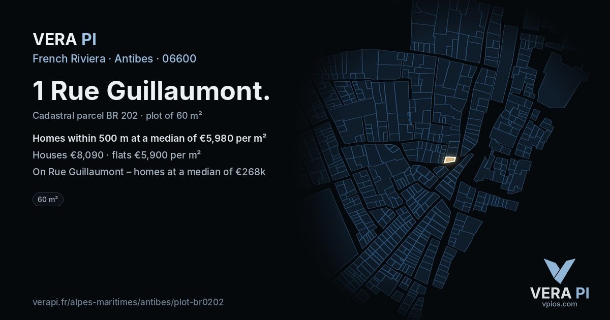 1 Rue Guillaumont, Antibes at night – the plot lit, the parcels around coloured by the prices near them