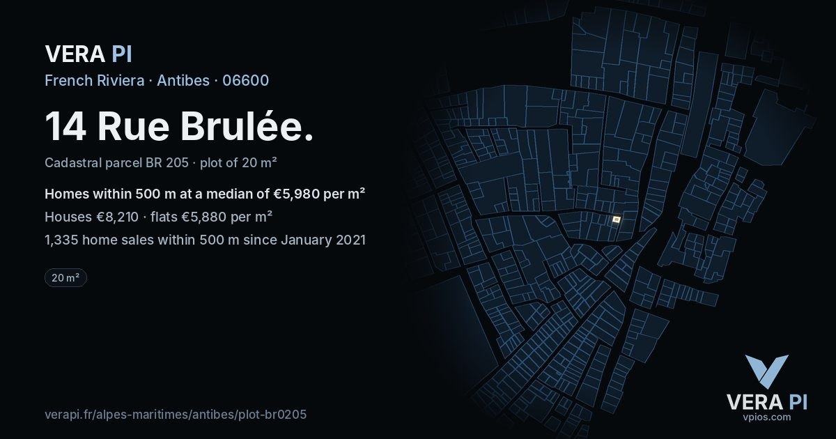 14 Rue Brulée, Antibes at night – the plot lit, the parcels around coloured by the prices near them