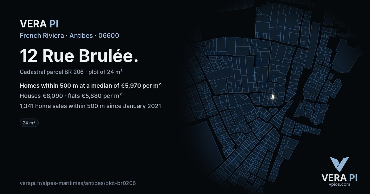 12 Rue Brulée, Antibes at night – the plot lit, the parcels around coloured by the prices near them