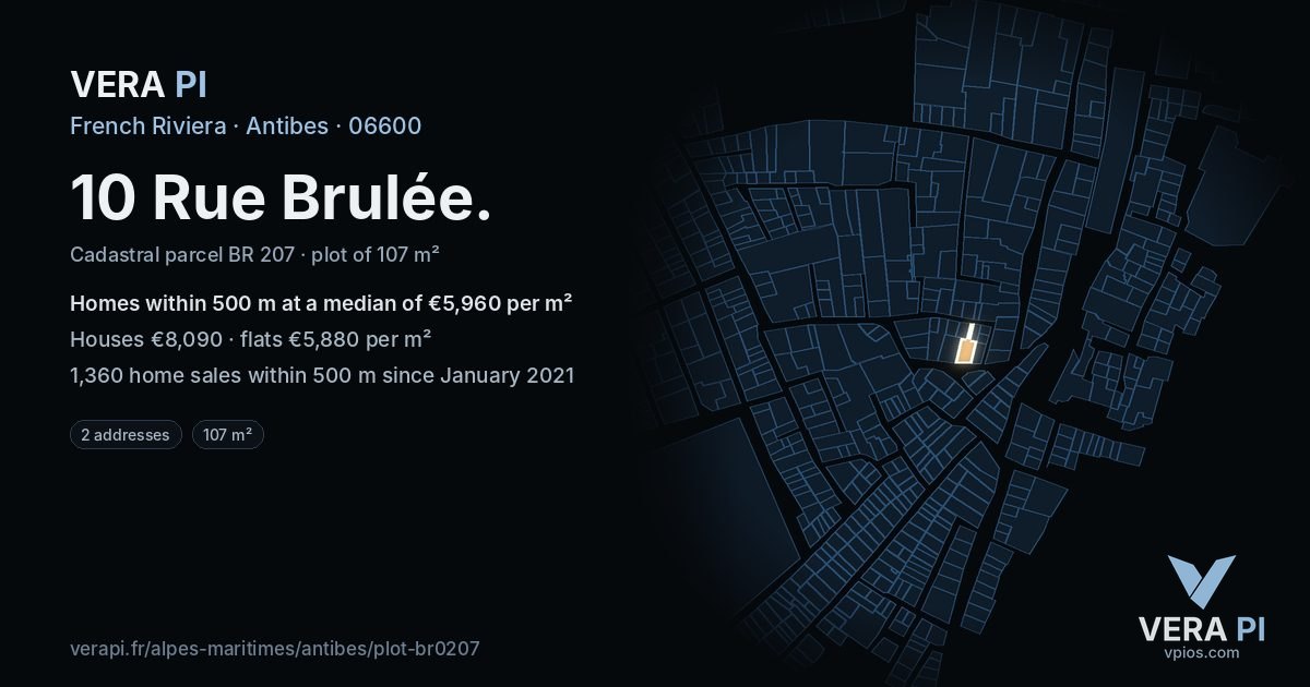 10 Rue Brulée, Antibes at night – the plot lit, the parcels around coloured by the prices near them