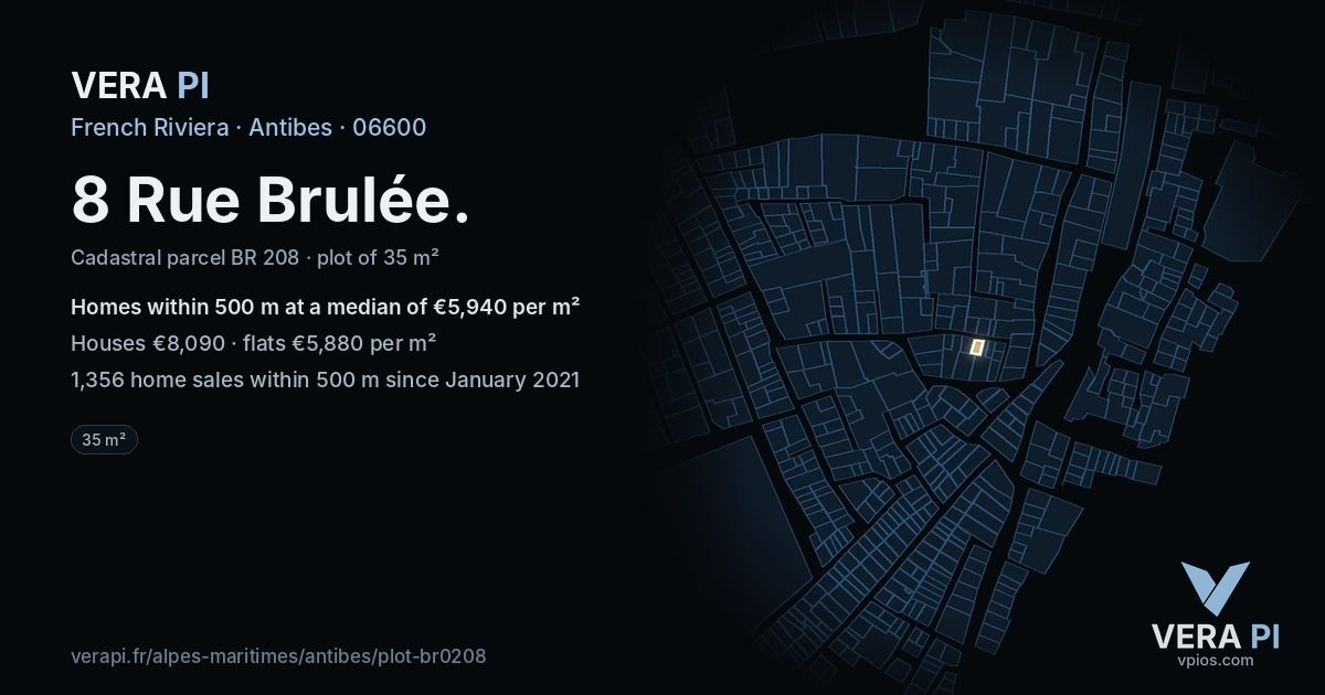 8 Rue Brulée, Antibes at night – the plot lit, the parcels around coloured by the prices near them
