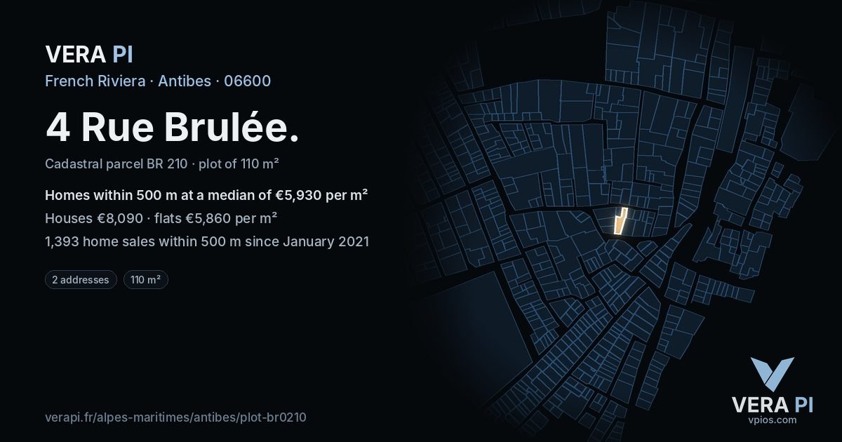 4 Rue Brulée, Antibes at night – the plot lit, the parcels around coloured by the prices near them