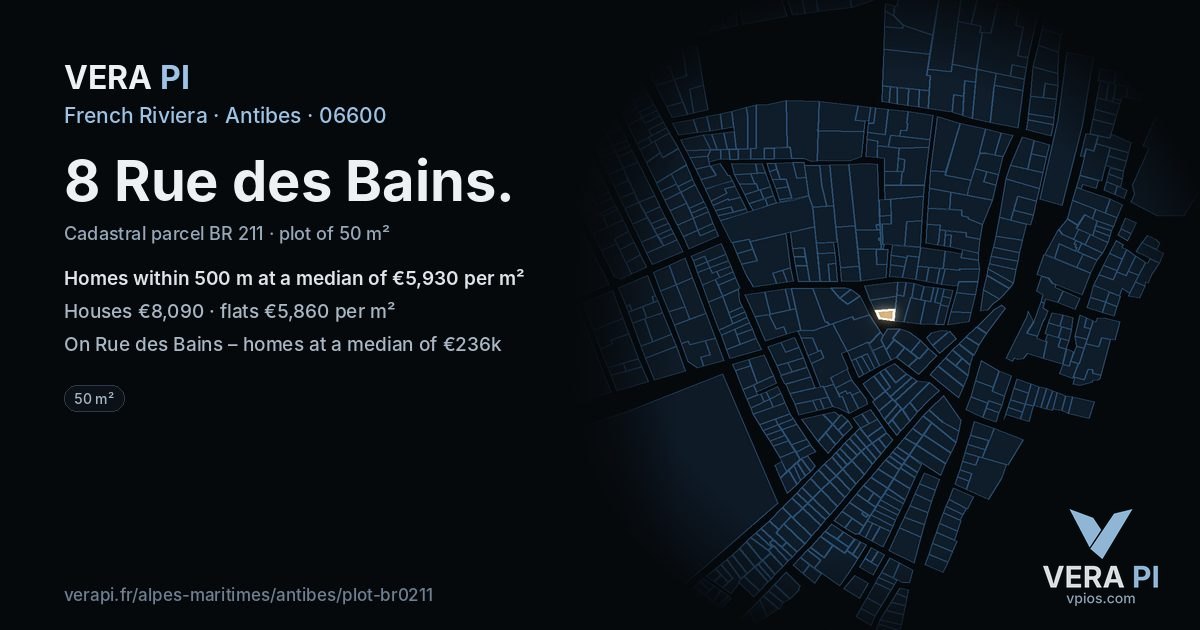 8 Rue des Bains, Antibes at night – the plot lit, the parcels around coloured by the prices near them