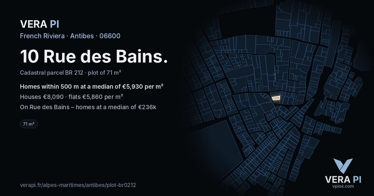 10 Rue des Bains, Antibes at night – the plot lit, the parcels around coloured by the prices near them