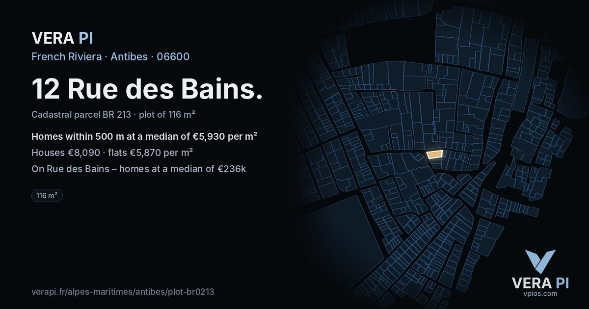 12 Rue des Bains, Antibes at night – the plot lit, the parcels around coloured by the prices near them