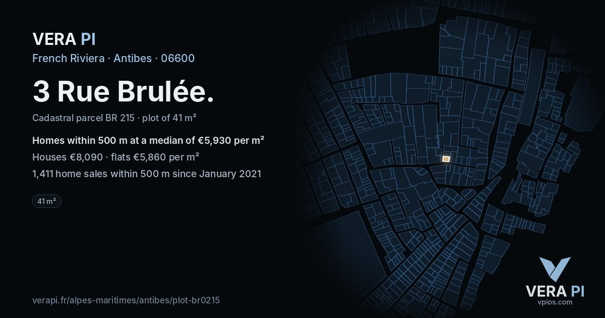 3 Rue Brulée, Antibes at night – the plot lit, the parcels around coloured by the prices near them