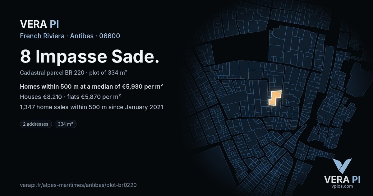 8 Impasse Sade, Antibes at night – the plot lit, the parcels around coloured by the prices near them