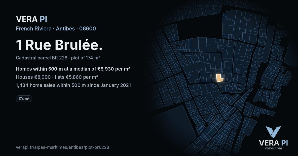 1 Rue Brulée, Antibes at night – the plot lit, the parcels around coloured by the prices near them