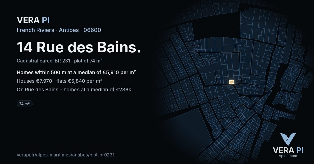 14 Rue des Bains, Antibes at night – the plot lit, the parcels around coloured by the prices near them