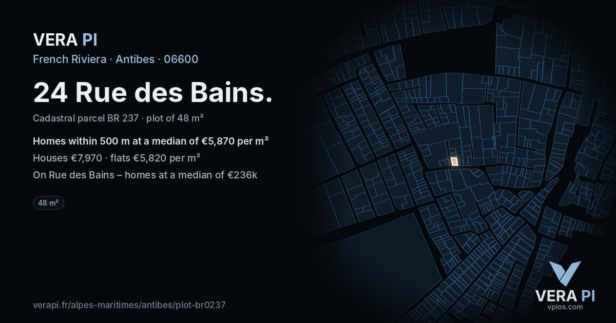 24 Rue des Bains, Antibes at night – the plot lit, the parcels around coloured by the prices near them