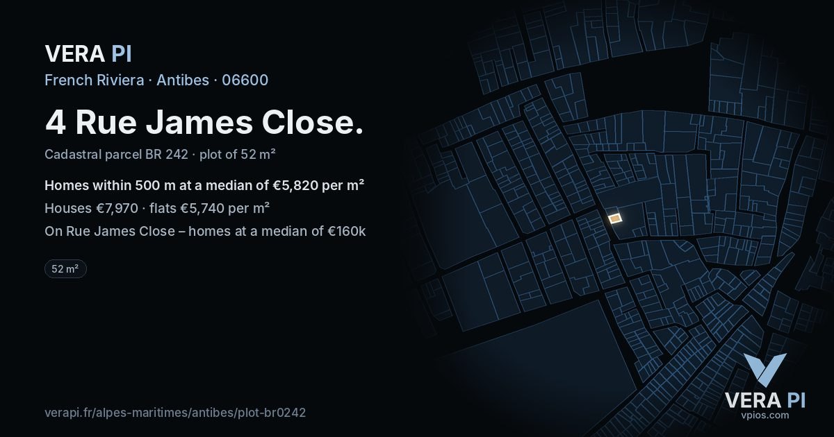 4 Rue James Close, Antibes at night – the plot lit, the parcels around coloured by the prices near them