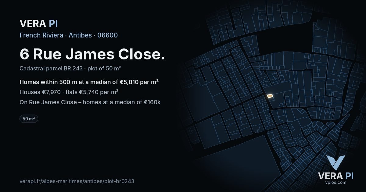 6 Rue James Close, Antibes at night – the plot lit, the parcels around coloured by the prices near them