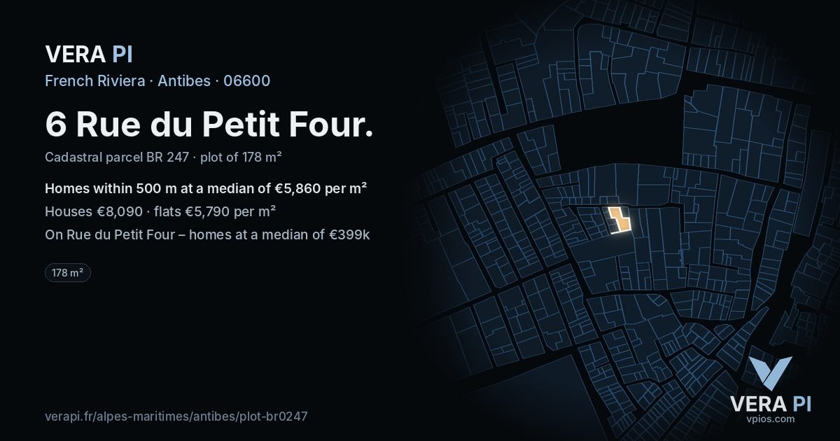 6 Rue du Petit Four, Antibes at night – the plot lit, the parcels around coloured by the prices near them