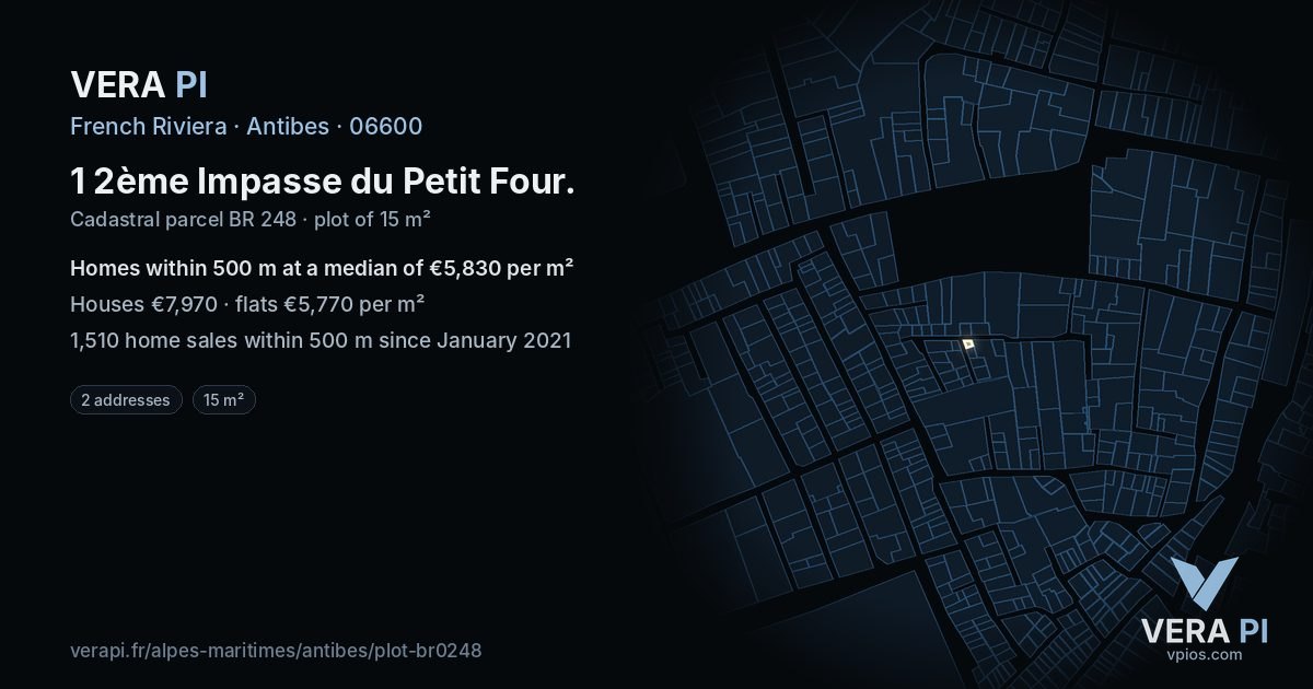 1 2ème Impasse du Petit Four, Antibes at night – the plot lit, the parcels around coloured by the prices near them