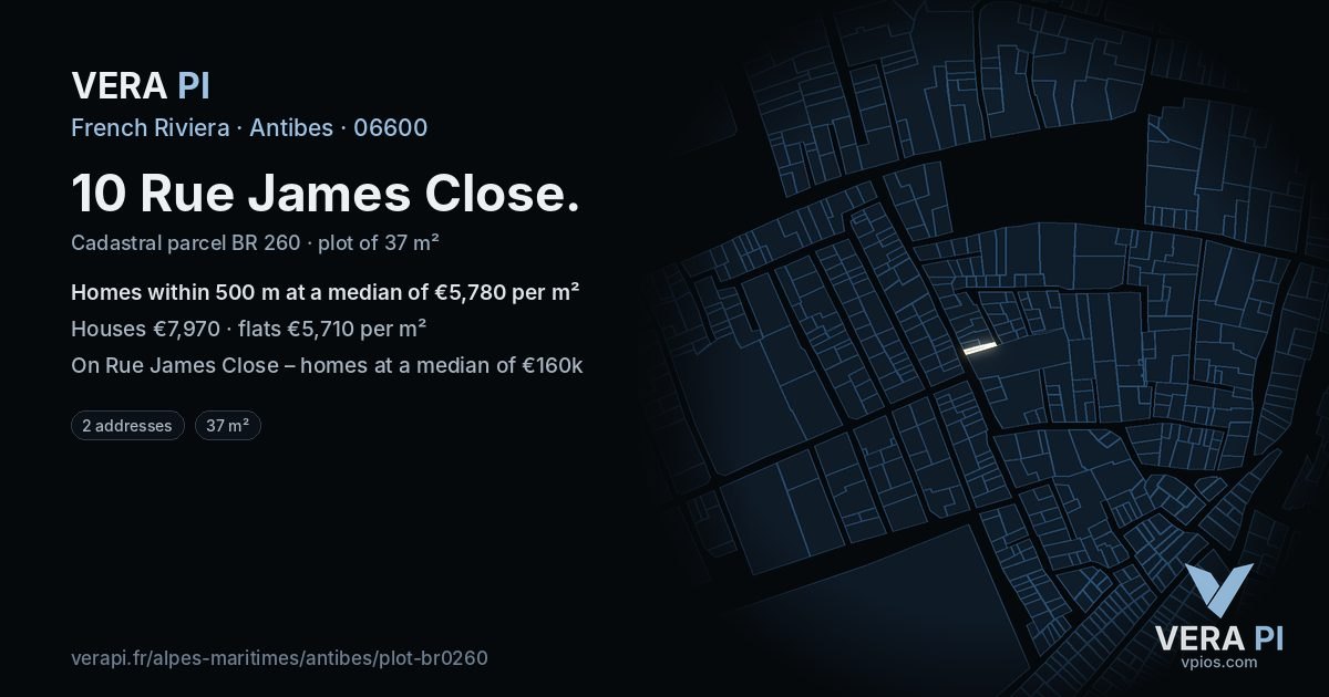 10 Rue James Close, Antibes at night – the plot lit, the parcels around coloured by the prices near them