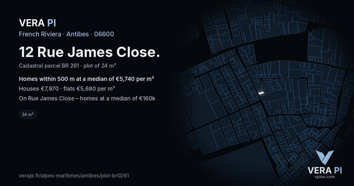 12 Rue James Close, Antibes at night – the plot lit, the parcels around coloured by the prices near them
