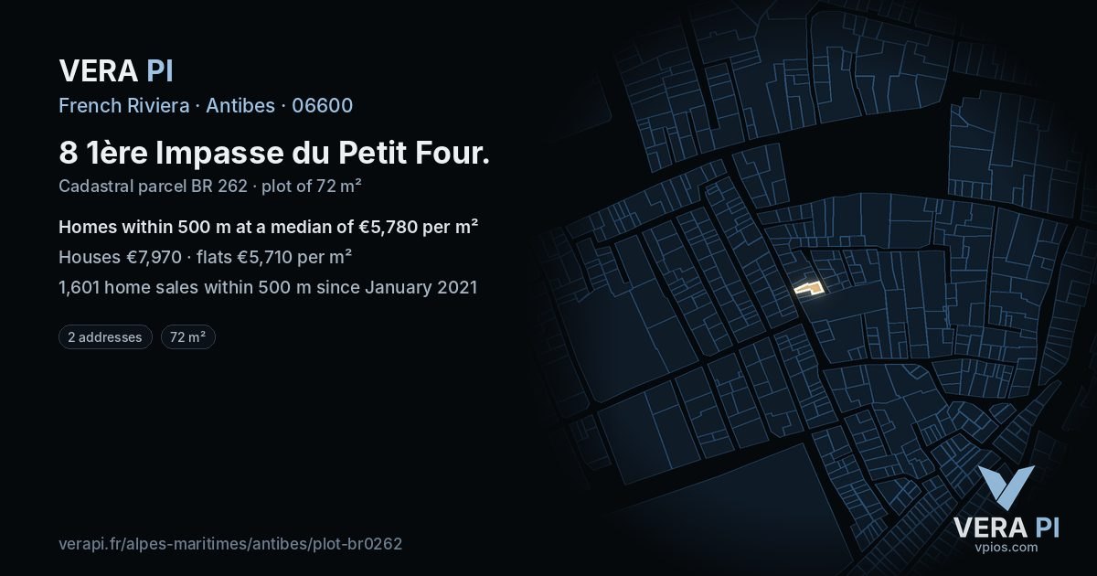 8 1ère Impasse du Petit Four, Antibes at night – the plot lit, the parcels around coloured by the prices near them
