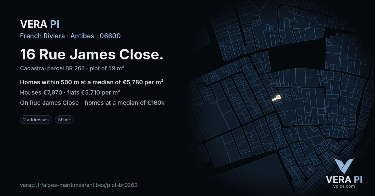 16 Rue James Close, Antibes at night – the plot lit, the parcels around coloured by the prices near them
