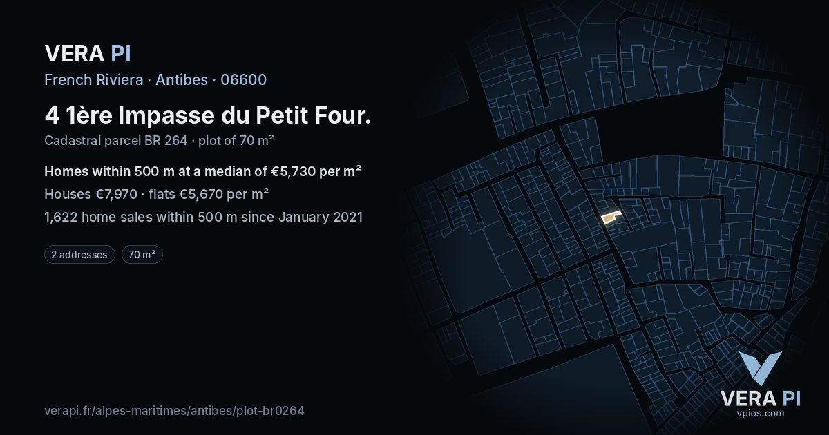 4 1ère Impasse du Petit Four, Antibes at night – the plot lit, the parcels around coloured by the prices near them