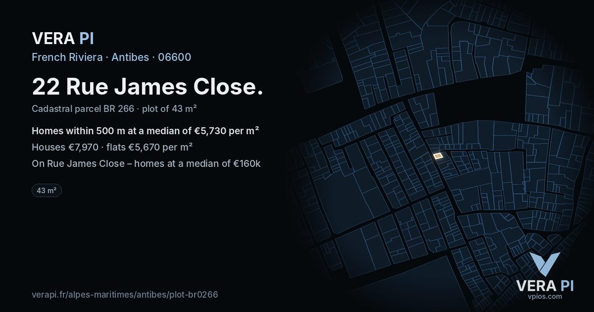 22 Rue James Close, Antibes at night – the plot lit, the parcels around coloured by the prices near them