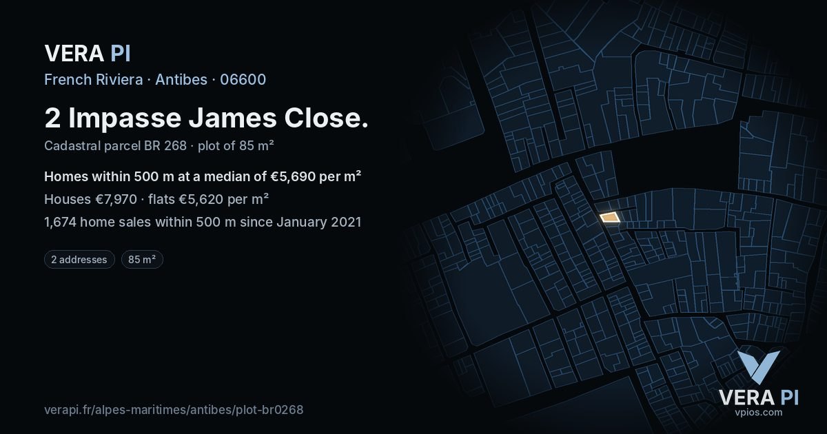 2 Impasse James Close, Antibes at night – the plot lit, the parcels around coloured by the prices near them