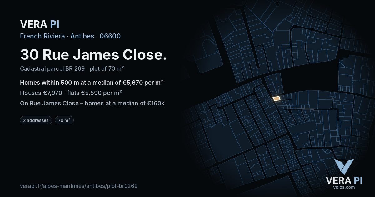 30 Rue James Close, Antibes at night – the plot lit, the parcels around coloured by the prices near them