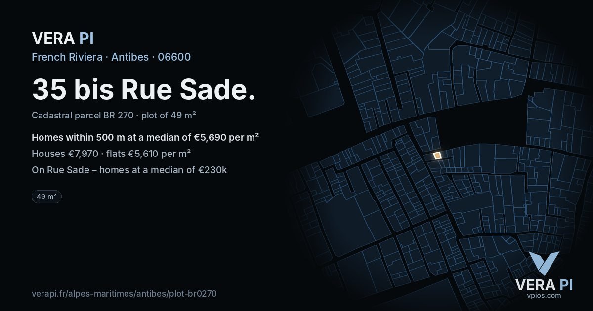 35 bis Rue Sade, Antibes at night – the plot lit, the parcels around coloured by the prices near them