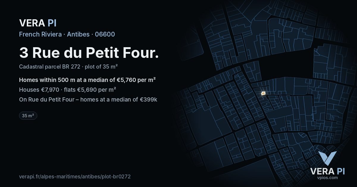 3 Rue du Petit Four, Antibes at night – the plot lit, the parcels around coloured by the prices near them