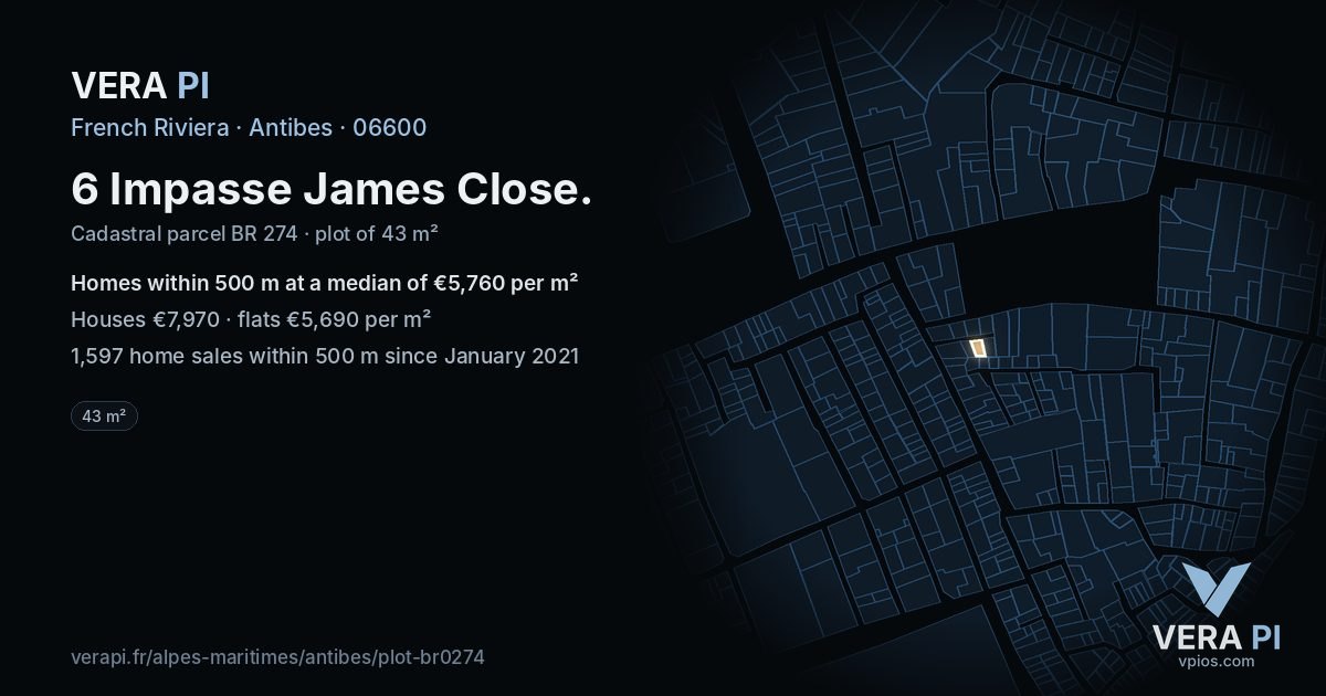 6 Impasse James Close, Antibes at night – the plot lit, the parcels around coloured by the prices near them