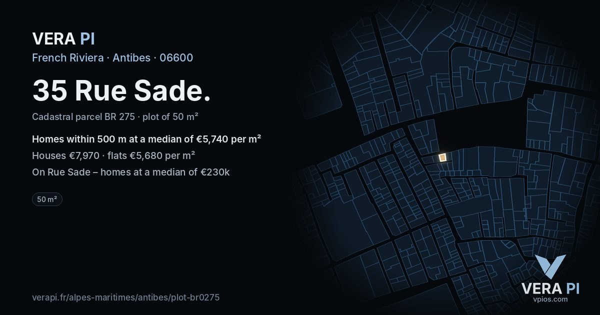 35 Rue Sade, Antibes at night – the plot lit, the parcels around coloured by the prices near them