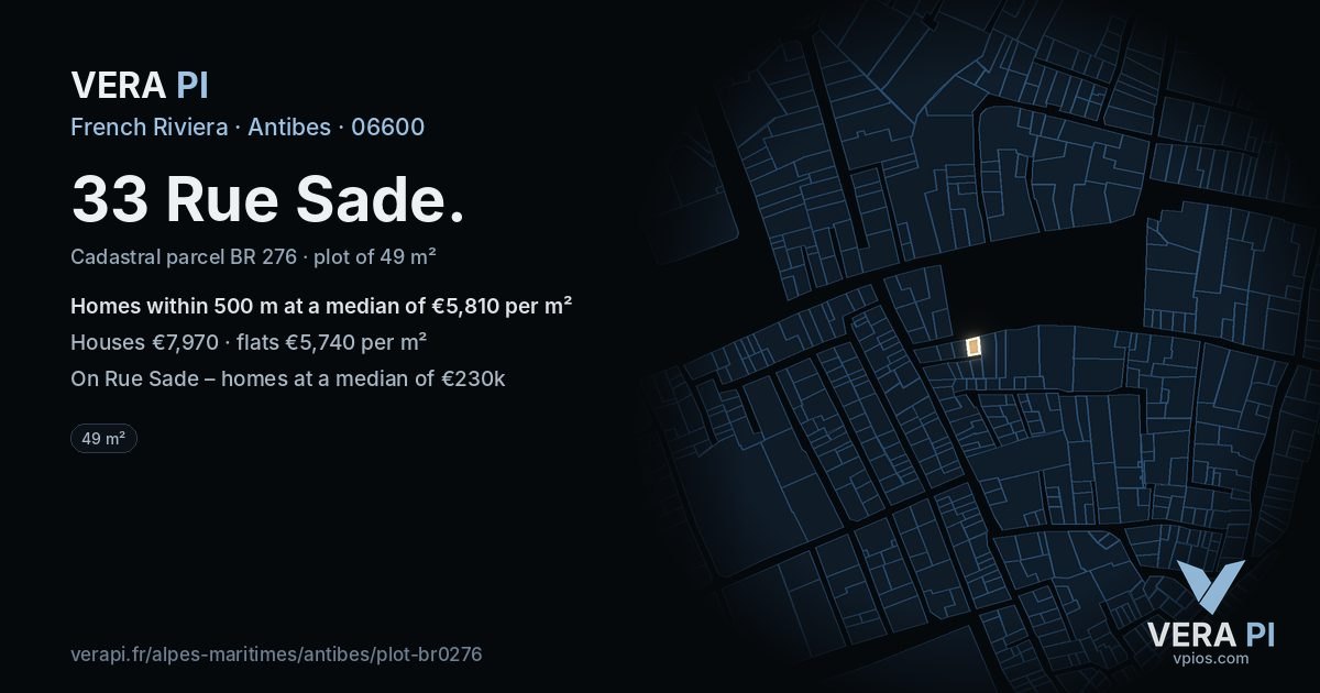 33 Rue Sade, Antibes at night – the plot lit, the parcels around coloured by the prices near them