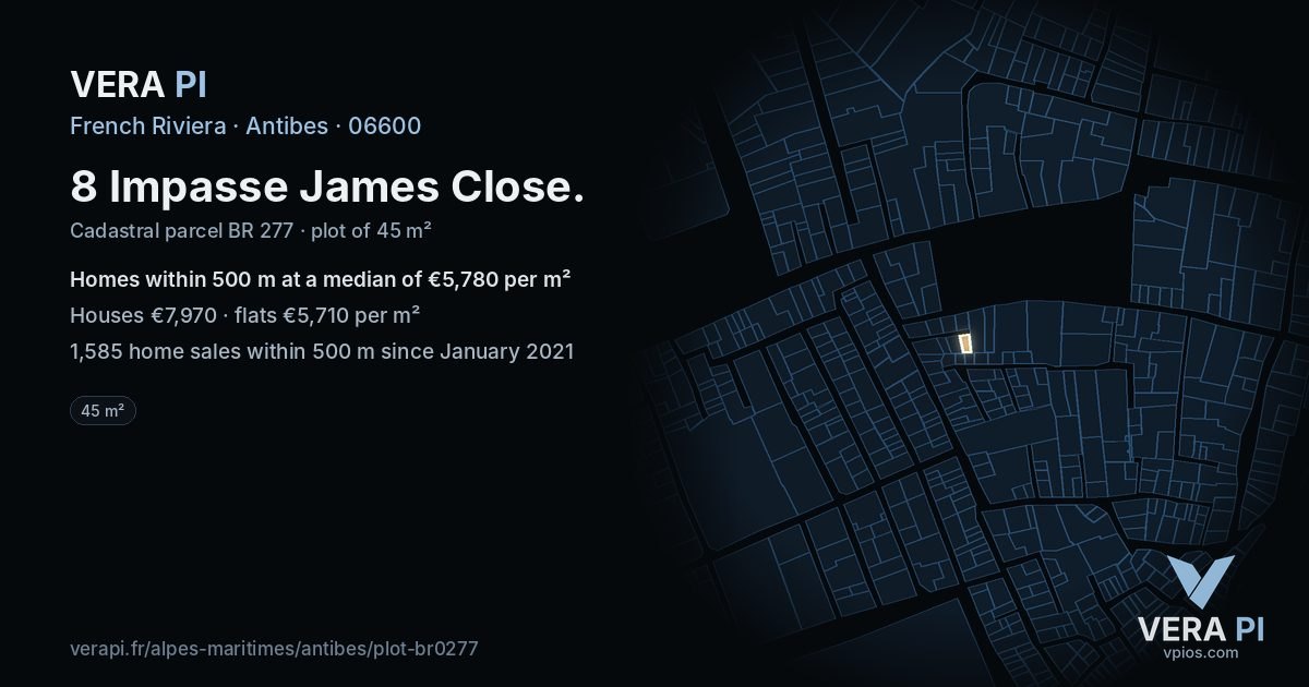 8 Impasse James Close, Antibes at night – the plot lit, the parcels around coloured by the prices near them