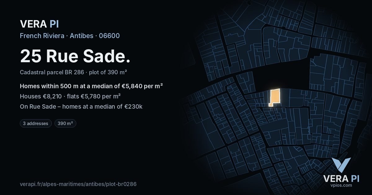 25 Rue Sade, Antibes at night – the plot lit, the parcels around coloured by the prices near them