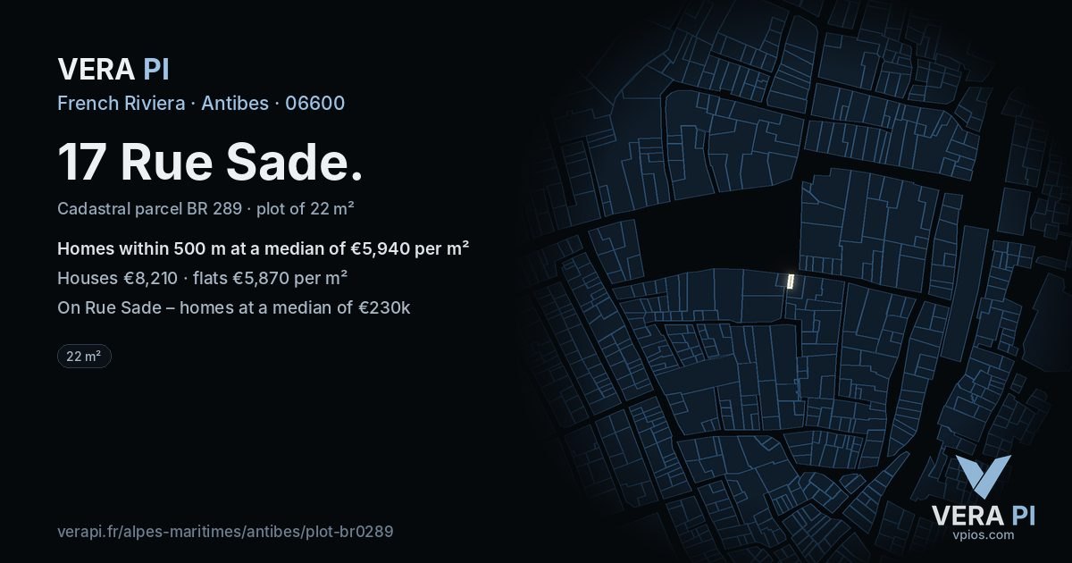 17 Rue Sade, Antibes at night – the plot lit, the parcels around coloured by the prices near them