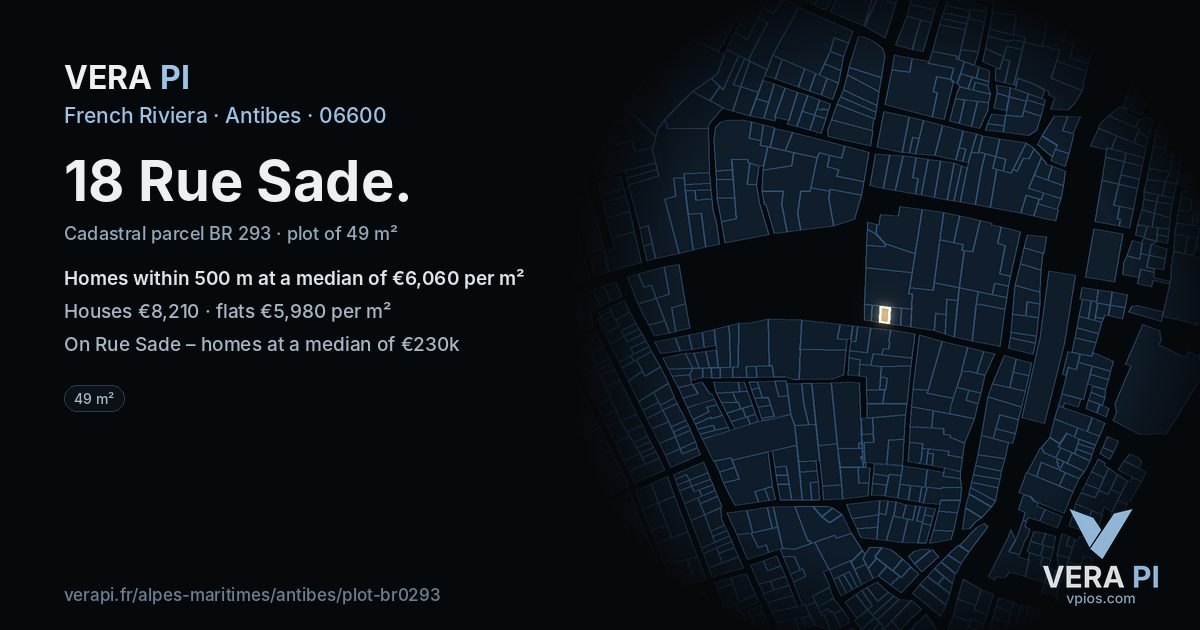 18 Rue Sade, Antibes at night – the plot lit, the parcels around coloured by the prices near them