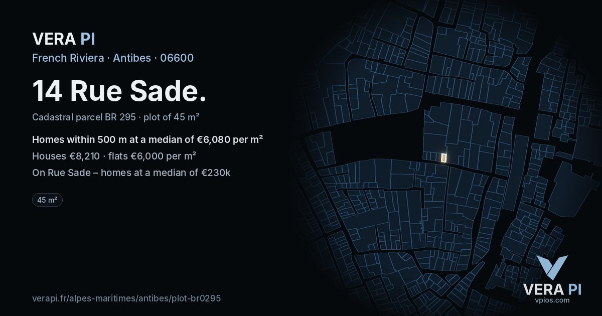 14 Rue Sade, Antibes at night – the plot lit, the parcels around coloured by the prices near them