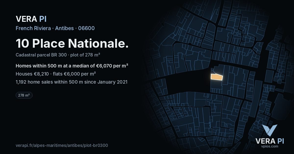10 Place Nationale, Antibes at night – the plot lit, the parcels around coloured by the prices near them