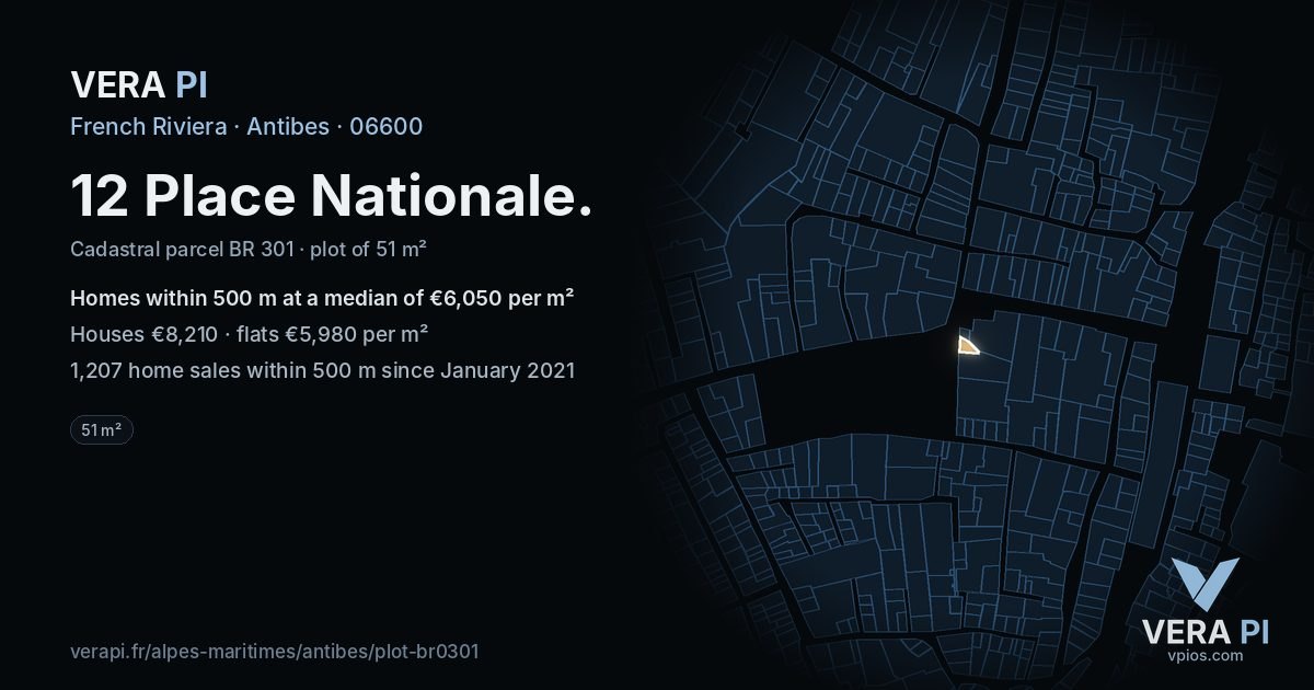 12 Place Nationale, Antibes at night – the plot lit, the parcels around coloured by the prices near them
