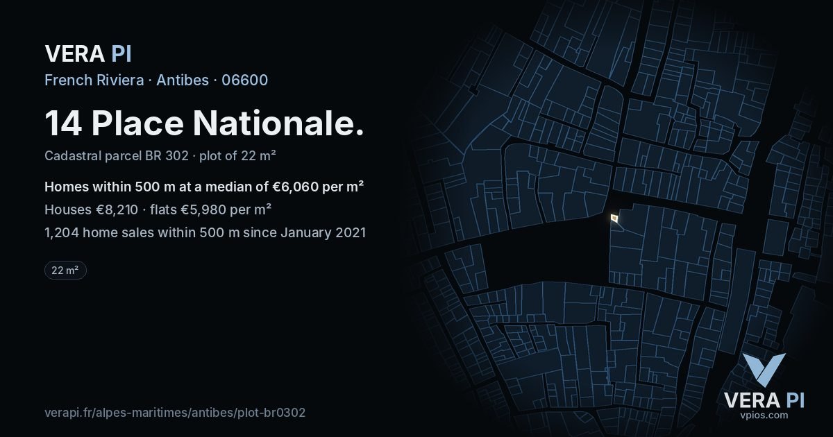 14 Place Nationale, Antibes at night – the plot lit, the parcels around coloured by the prices near them